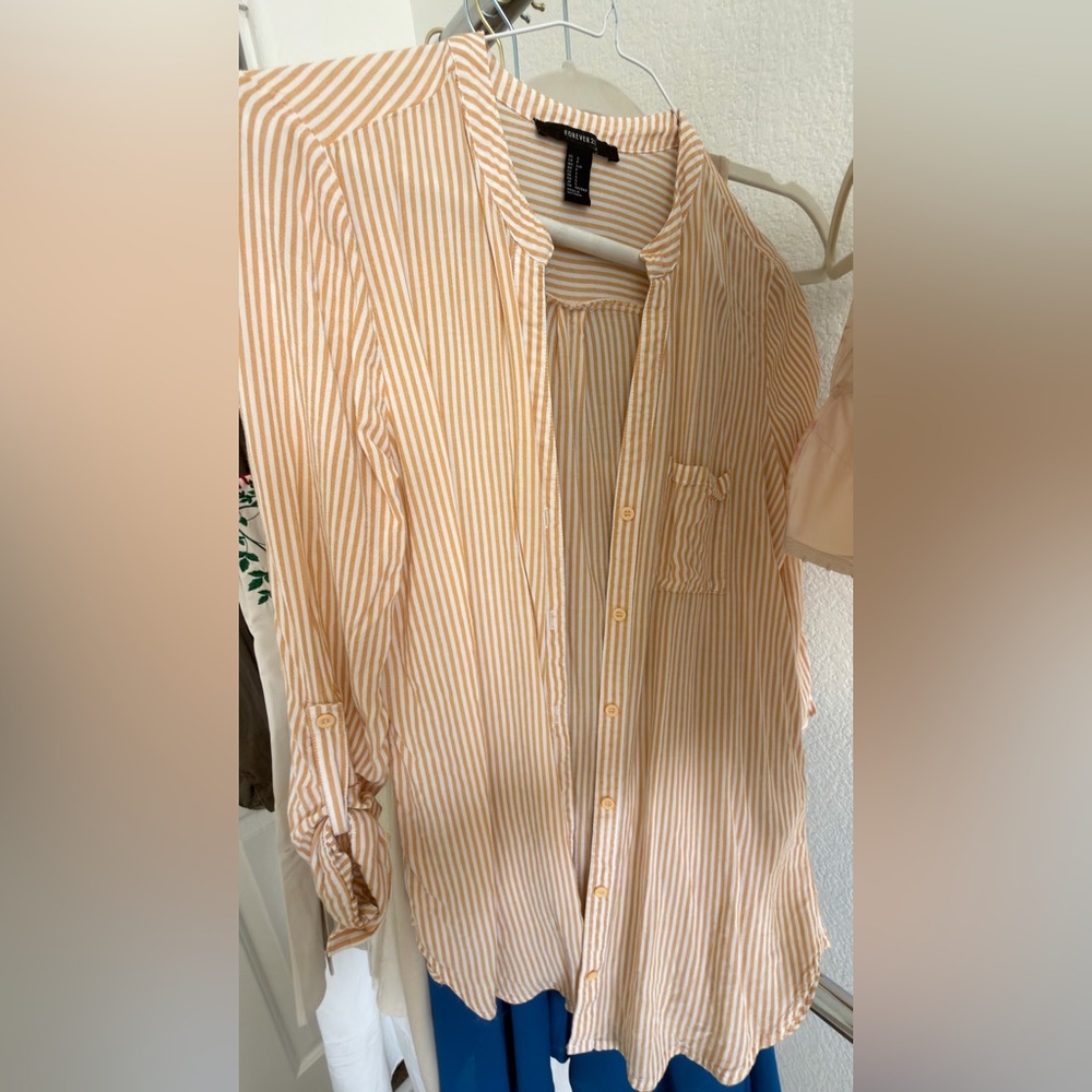 Forever 21 Men’s Beige and White Striped Button-Down Shirt